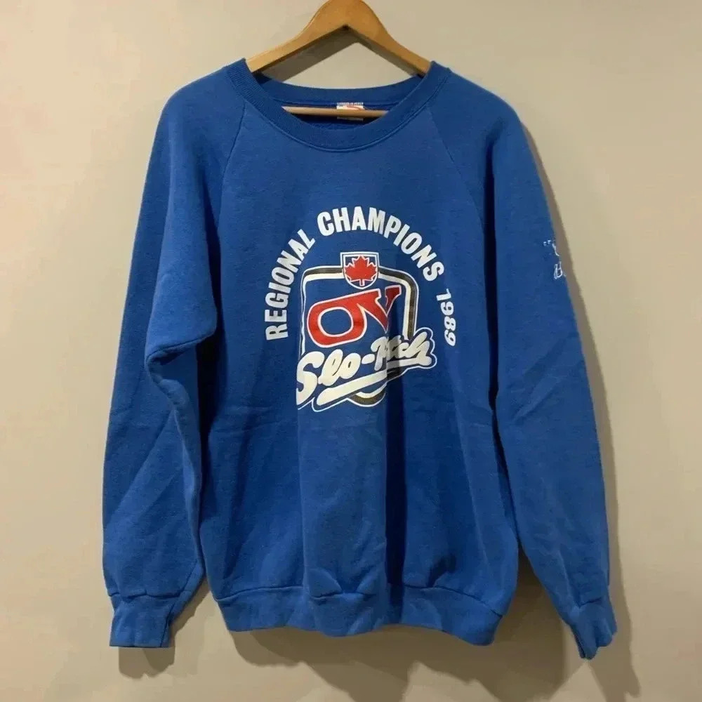 Vintage Blue Crewneck Sweater with White and Red Logo